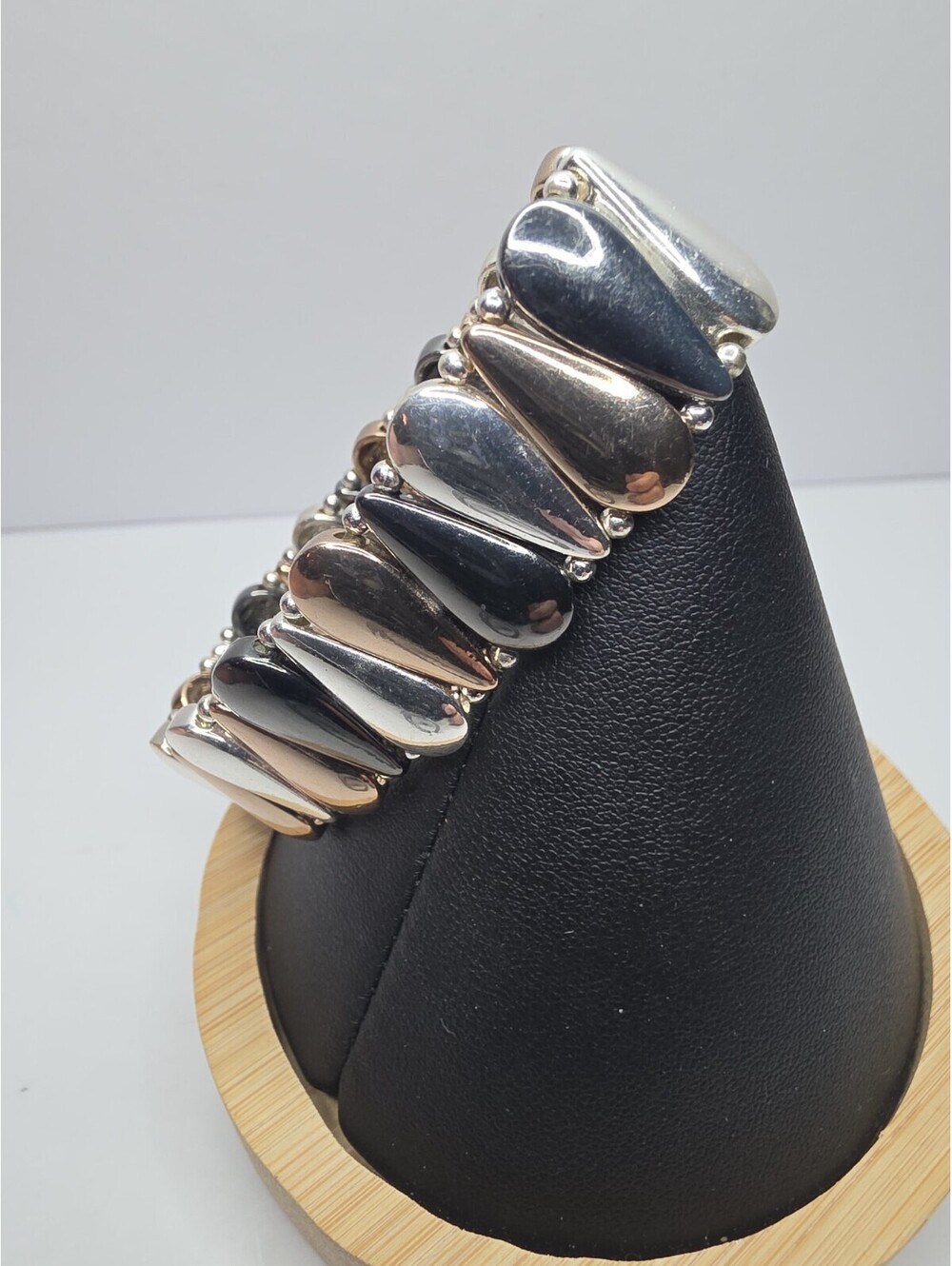 Tri Tone Teardrop Stretch Bracelet Silver Gold Hematite Puffy Statement Bangle